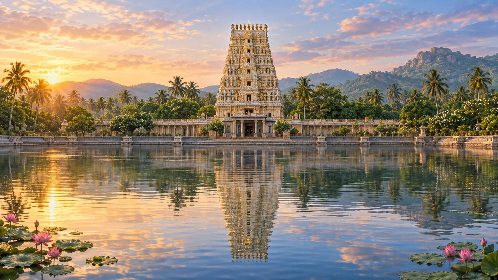 A single carved gopuram across a lotus-filled temple tank at dawn, reflected in the water