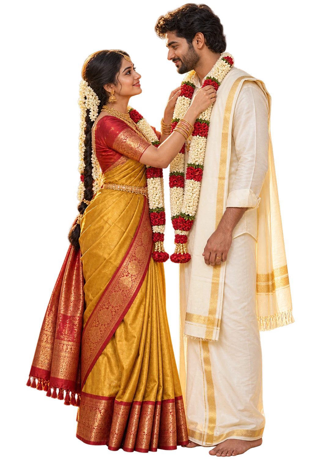 A couple exchange flower garlands before a temple